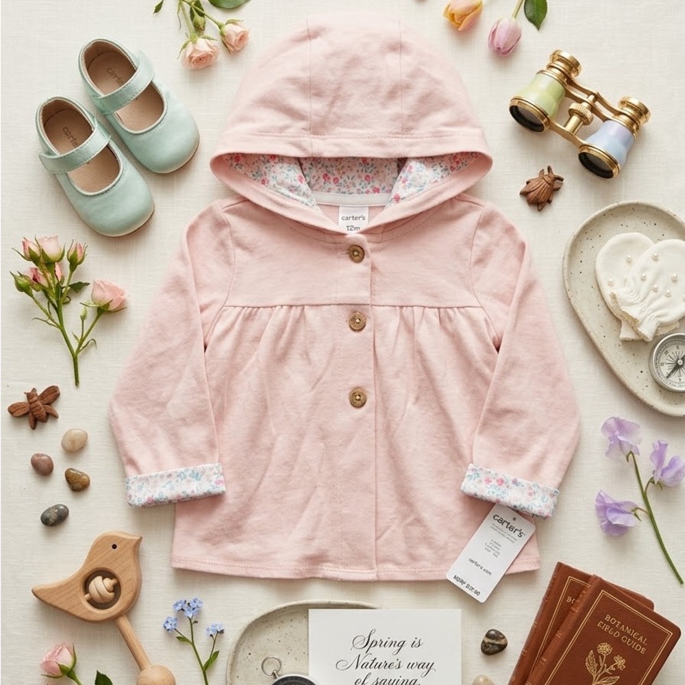 Carter's Light Pink Hooded Baby Jacket with Floral Trim